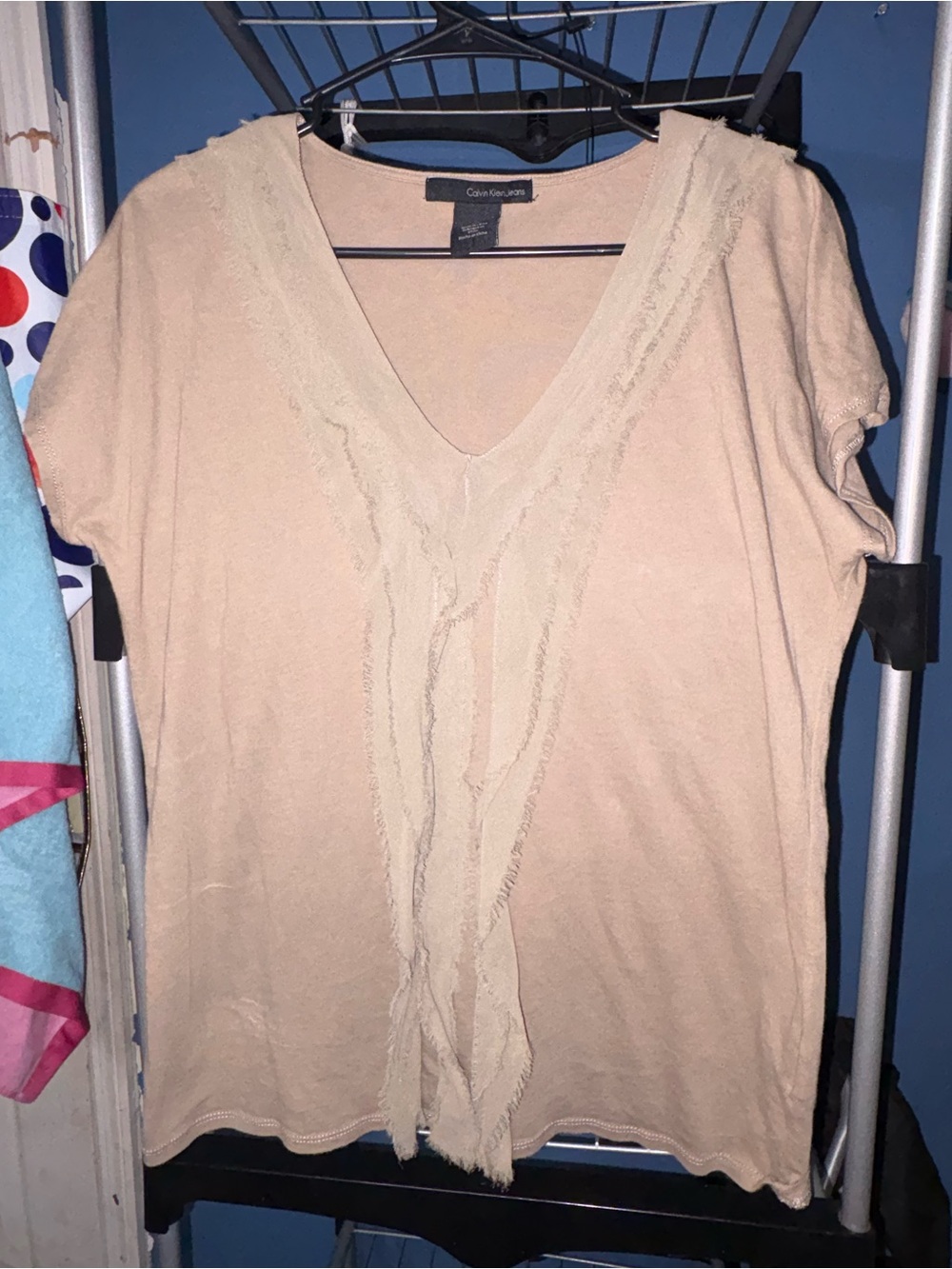 Calvin Klein Tan V-Neck Short Sleeve Tee with Frayed Trim